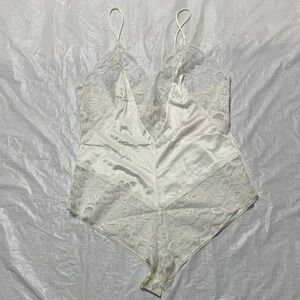 Vintage 80s White Satiny Lace One Piece Teddy One Piece Lingerie Size Lg Bridal